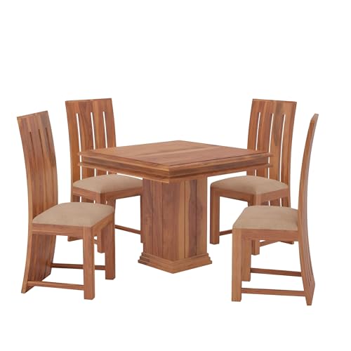 Image of Loonart Solid Sheesham Wood 4-Seater Dining Table Set with Pillar Base |Handcrafted Wooden Dining Furniture with Natural Finish |Compact Dining Set for Home| Kitchen Or Apartment Use|