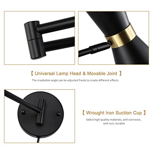 Image of SUNLLOK Modern Black Swing Arm Wall Sconce with Plug in Cord - Rustic Adjustable Ceiling Hanging Wall Light Fixture - Industrial Indoor Metal Reading Wall Lamp Decoration for Living Room, Kids Bedroom