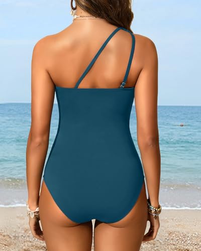 Image of Womens One Shoulder One Piece Swimsuit Mesh Ruched Tummy Control Swimwear | Full Coverage Bottom, Adjustable Strap Custom Fit, Removable Cups, Cutout Mesh Inserts, Slimming Ruched Effect, Vacation