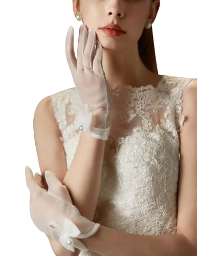 QRBTSCL Womens Bow Tea Party Gloves Sheer Gloves Elegant Mesh Short Gloves Wedding Bridesmaids Prom Evening Opera Glove One Size Ivory