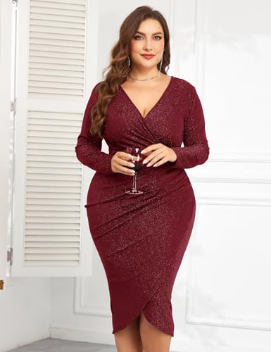 Image of ZOMVA Plus Size 0X-4X Sparkly Glitter Ruched Bodycon Midi Dress Sparkle Sequin Wrap Ruffle Sleeve Dress Cocktail Party Formal