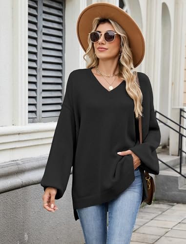 ZAFUL Women's Oversized Sweater 2025 Fall Casual V Neck Knit Side Slit Baggy Batwing Winter Long Sleeve Pullover Outfits3