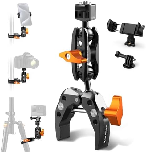 K&F Concept Super Clamp with Dual Ballhead Magic Arm, Camera Mount Clamp with Action Camera Phone Holder, 1/4" Threads Tripod Clamp Compatible with GoPro DJI, MS13