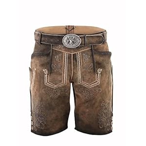 KRÜGER Heren klederdracht leren broek kort, model: Zeus met riem, knielang, art.nr. 096628-0-0007, bruin