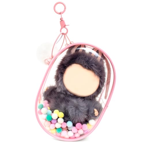 Clear Figure Display Bag with Keychain for Doll Protective Case for Dolls Storage Bag Pouch Keychain for Collectibles with Pompoms Waterproof Dustproof Pouch Display Storage Box for Doll (Pink)