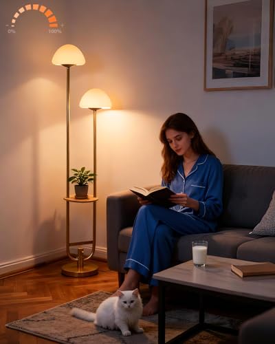 Image of Lightdot 63IN Gold Dimmable Floor Lamp with Table Modern Mid Century Standing Lamps with Bulbs Included Unique Vintage Tall Floor Lamp with 5Lbs Heavy Base for Living Room /Sofa Beside /Corner Decor