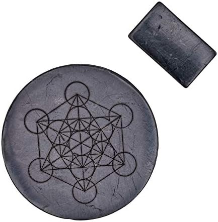 Shungite Plates for Cell Phones, Tablets, Laptops | Shungite Stone Stickers for Electronics with Sacred Geometry – Set of 2, Large Plate with Metatron’s Cube