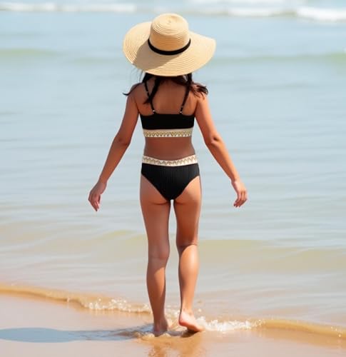 Girls Swimsuit Two Piece Teen Bathing Suit High Waist Textured Bikini Set Woven Girls Swimwear 9-16Y3