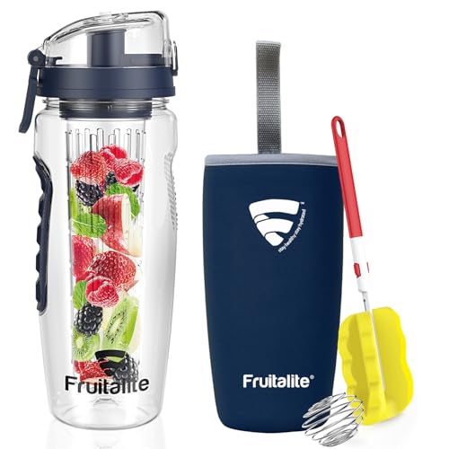 Fruitalite Fruit Infuser Water Bottle- 1 Litre, Full Length Tritan Infusion Rod, Cover Sleeve, Infused Detox Water Recipes eBook, Cleaning Brush- Midnight Blue
