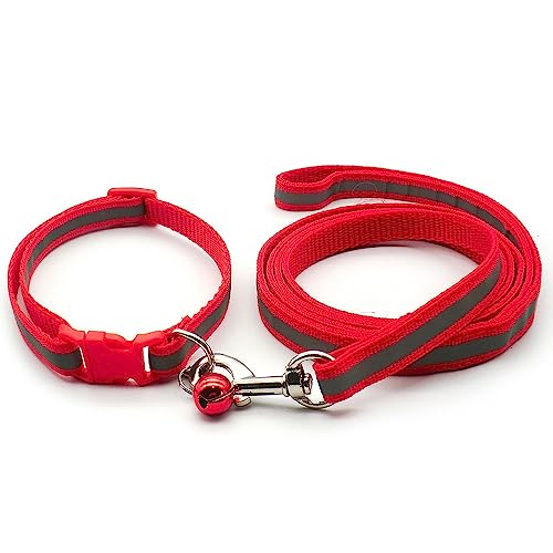 Small Dog Puppy Pet Collar and Lead Set Reflective Hi-Vis Strip Nylon Adjustable Size 19-32cm Collar with Bell and 120cm Leash Red - Image 2