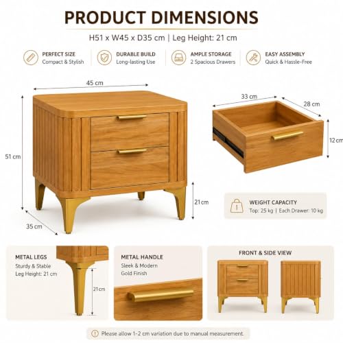 Image of Solid Sheesham Wood Bedside Table for Bedroom & Livingroom | Nightstand End Table with 2 Drawers Storage for Home | Modern & Luxury Design| (Honey Finish 1)