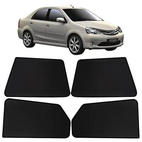Image of OTO2EYE Car Sun Shade Compatible for Toyota Etios Model-2010-2020, Z-Black Fix Type Side Window Curtains, Only Half Cut in Front Window, 4 Pieces Set