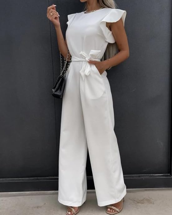 [OHSOPMNC] 女性用夏のカジュアル無地ラウンドネックフリルキャップスリーブワイドレッグタイジャンプスーツ