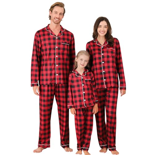 Miyanuby Pijama de Navidad para la familia, conjunto de pijamas de Navidad a juego, pijamas de Navidad con botones, ropa de dormir para mujeres, hombres, adultos y niños, Cuadros rojos, M