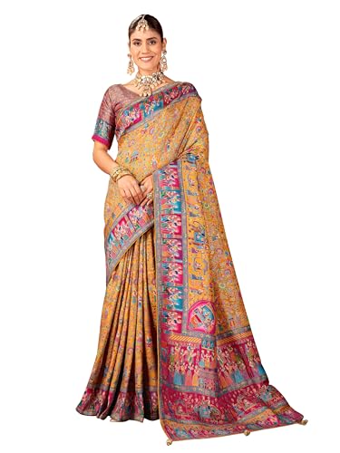 Image of Glory Sarees Women's Luxurious Dola Pure Silk Original Saree Position Print Work Madhubani Inspired Motifs Banarasi Kanjivaram Style Saree With Blouse Piece (Elegant101 Parent)