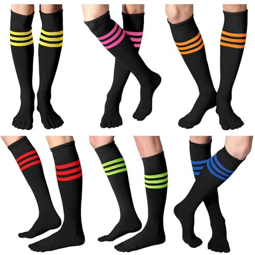 Sureio 6 Pairs Knee Thigh Toe Socks Toes Separated Cotton Striped High Athletic Socks Soccer Football