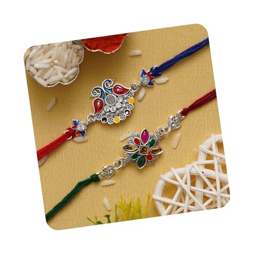 Image of eCraftIndia Set of 2 Peacock Feather Floral Designer Rakhi for Brother Bhaiya Bhai Boys Kids | Roli Chawal Pack