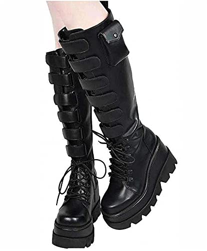 YUIJ Botas De Plataforma Para Mujeres, Encaje Arriba Rodilla De Altura, Botines De Tacón Grueso Botines Informales De Caballero,Negro,39 Cover