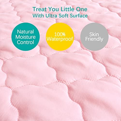 Image of Mini Crib Mattress Protector 38 inchx24 inch Mini Crib Sheets Fitted Waterproof | Quilted Mattress Pad Cover Improved Thickness Machine Washable Noiseless Pink Fit for mini Crib Mattress up to 5 inch