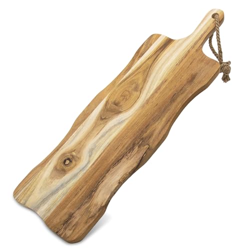 Teakholz Servierplatte Natur lebensmittelecht - 58x20 cm - Massivholz Servierbrett rechteckig mit Griff Holz Küchenbrett Wurstplatte Käseplatte Deko Geschenk Tablett Tischdeko Kerzentablett