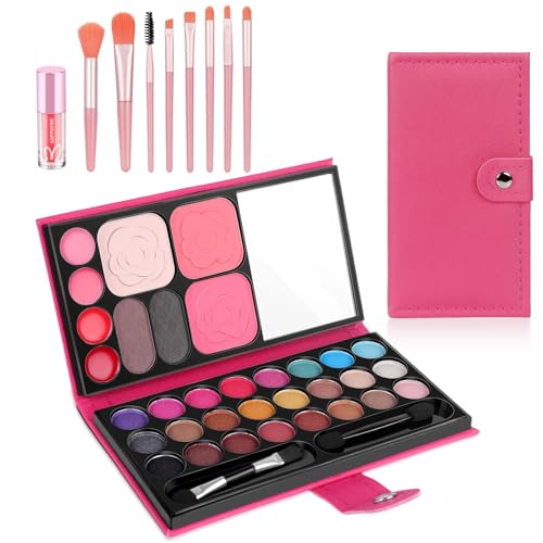 Kinderschminke Set Mädchen, 33 Farben Schminksets für Mädchen mit 8 Pinsel und 1 Lippenstift Waschbarer Kinderschminkspielzeug Make up Set für Kinder für Bühne, Party, Geburtstag (Rosarot)