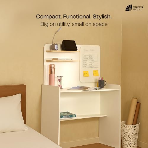 Image of Green Soul Dora Study Table for Home (2026 Edition) with Writing Board & Bookshelf | IS-3087 Engineered Wood| Computer /Writing Desk for Home, Adults & Students, White, 3 Year Assurance