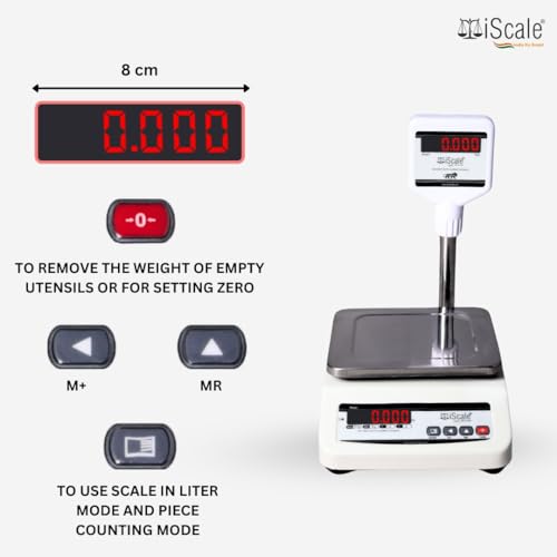 Image of iScale i-03P Commercial Weighing Scale 30kg x 1g | Rechargeable with Front & Pole Double Display | Small Size 7x9 Inch Pan | Ideal for 5-10kg Weighing in Shops | With Calibration Certificate