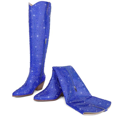 Image of Women Rhinestone Over the Knee Cowboy Boots, Sparkly Bling Cowgirl Boots Western Thigh High Boots Pull-On Side Zippers Chunky Heel Pointed Toe For Concerts, Music Festivals, Parties & Night Out