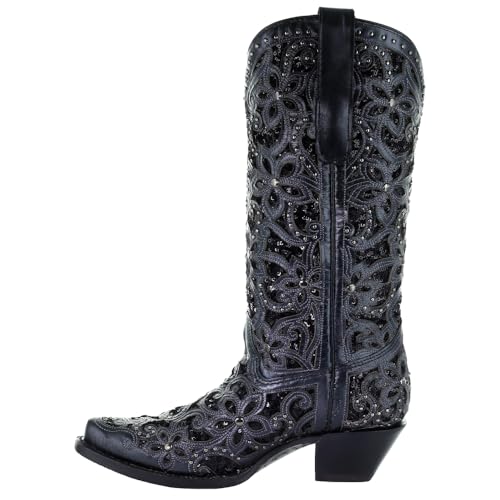 CORRAL LADIE'S BLACK INLAY & EMBROIDERY & STUDS, SNIP TOE, LEATHER SOLE, WESTERN, A37524