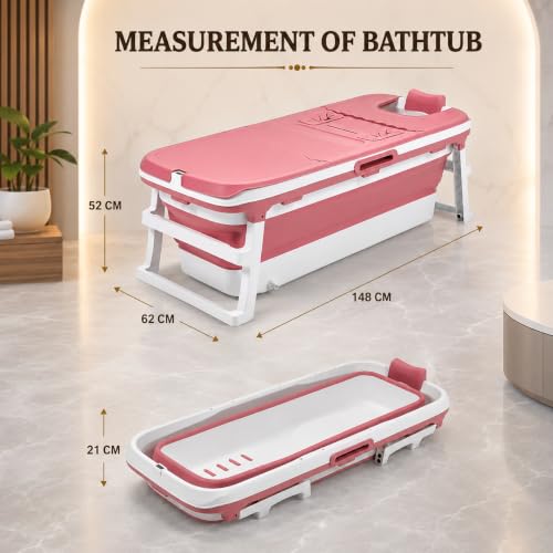 Image of Large Bathtubs for Adults Foldable Bath tub for Bathroom with Temperature Meter and Bath Pillow 148Lx62Wx52H CM Hot and Ice Spa Bathtub for Home Portable Adult Bathtubs (Pink)