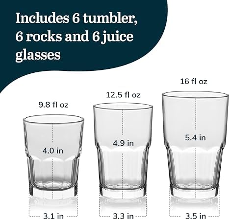 Libbey Boston Tumbler, Rocks, and Juice Glasses, 18 Piece Classic Stackable Glass Cups Set, Versatile, Kitchen Drinking Glasses Set for Everyday Use - Thumbnail 2