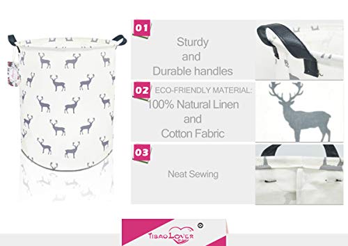 TIBAOLOVER 19.7" Large Sized Waterproof Foldable Laundry Hamper Bucket,Dirty Clothes Laundry Basket, Bin Storage Organizer for Toy Collection,Canvas Storage Basket (Gray Deer)