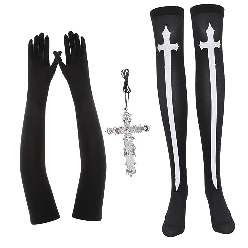 Holibanna 1juego Disfraz De Monja Para Mujer Calcetas Largas Guantes y Collar De Cruz Accesorios Para Halloween y Cosplay Fiesta Temática