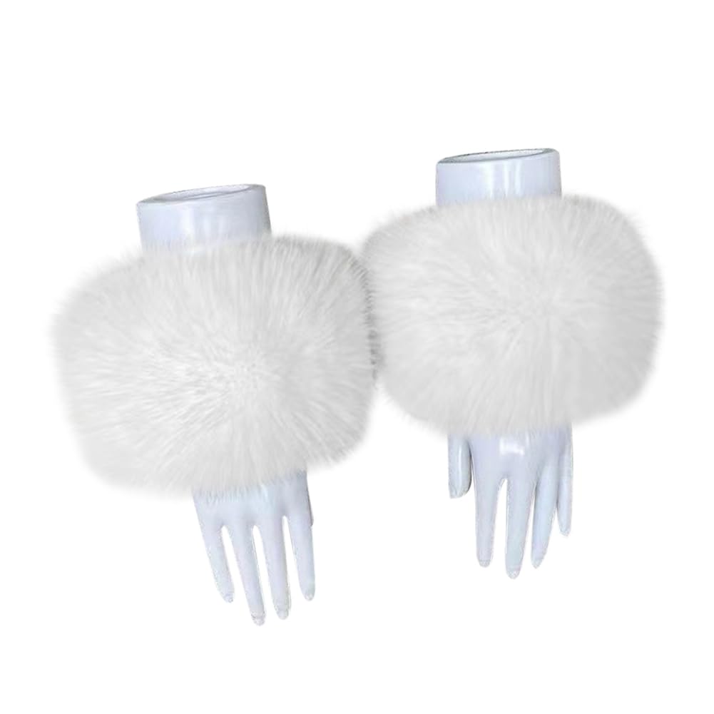Surakey Women's Faux Fur Wrist Cuffs,Winter Fox Furry Bands Arm Warmer Faux Fur Wrist Cuffs Plush Furry Wristbands Arm Warmer, White
