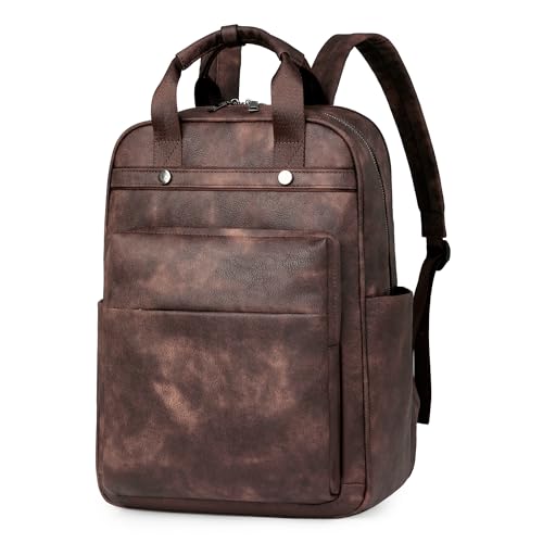 Leather Laptop Backpack for Women 15.6 Inch Work Travel Backpack Fashion College Business Computer Bag (Coffee)