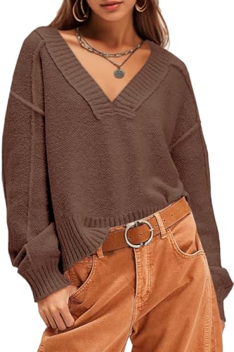 UNCLECAT Women's V Neck Sweaters 2025 Long Sleeve Fall Sweaters Casual Knit Trendy Pullover Tops