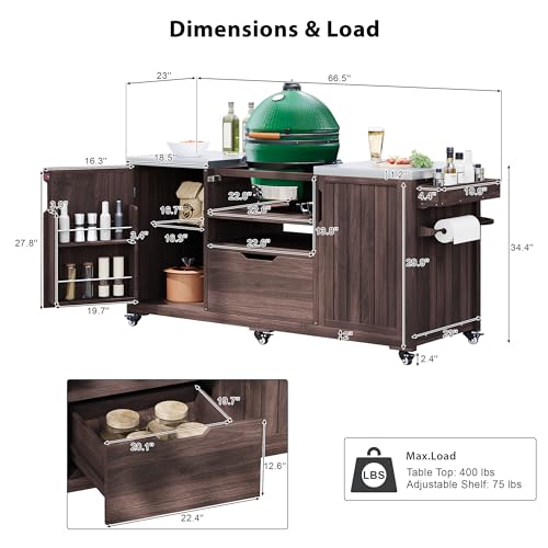 Quarte 66.5\" Outdoor Kitchen Island for Big Green Egg Grills, Solid Wood Outdoor Grill Cart for Tabletop Grill with Stainless Steel Top, Drawer, Family Barbecue Outdoor Gathering (Dark Brown/E)