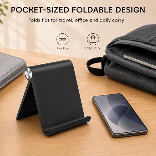 Image of Sounce Foldable Phone & Tablet Stand for Desk, Adjustable, Portable, Black | Compatible With iPhone, Samsung, OnePlus, Xiaomi, Android Phones And Most Tablets For Multi-Angle, Non-Slip Base, Lightweight