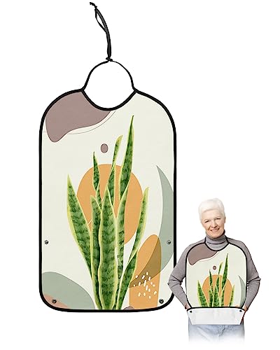 LEOKOTI Summer Tropical Adult Bibs for Eating, Waterproof Bibs with Food Catcher & Adjustable Snap Closure, Modern Geometric Abstract Art Washable Clothing Protectors Adult Bibs for Elderly Women/Men