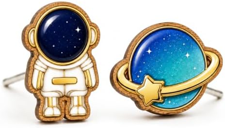 Astronaut Planet Stud Earrings for Women Hypoallergenic Handmade Wooden