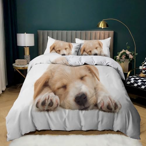 Leleyouzer Hund Bettwäsche Set, Hundemuster Bettwäsche für Jungen Mädchen Teenager, 1pc Mikrofaser Bettbezug mit Reißverschluss und 2pc Kissenbezug 50 x 75cm (D1, 135×200 cm)