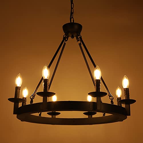 Flash Deals - 80% OFF Wellmet Black Farmhouse Chandeliers Wagon Wheel, Industrial 8 Lights Iron Lighting Candle Style 28", Rustic Hanging Ceiling Light Fixture Dining Room Kitchen Island Bedroom Living Room Foyer Hallway