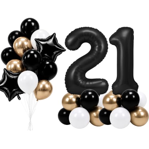 Image of PartyWoo Black Number 21 Balloon 40 Inch 25pcs Black Foil Star White Gold