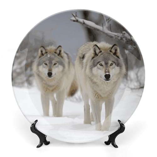 Plato decorativo Two Wolves Walking en nieve 6 pulgadas miniatura 1