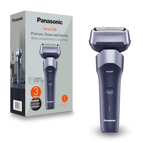 Panasonic Series 500, ES-ERM3FV503 Rasoir Electrique Rechargeable 3-Lames Sec & Humide, Acier Inoxydable Japonais, Tête Flexible 10D, IPX7, Recharge USB-C, Violet