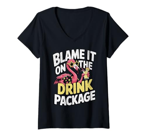 Women's Blame It On The Drink Package Funny Cruise Flamingo Retro V-Neck T-Shirt