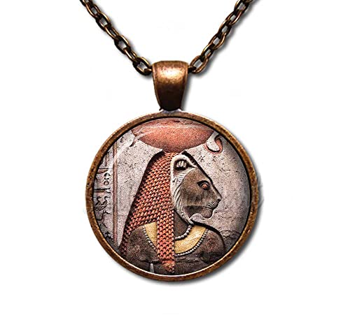 SEKHMET Warrior Goddess, Goddess of Healing, Lioness, Egyptian Art Handmade ROUND Glass Pendant Necklace Jewelry (16, Antique Copper)