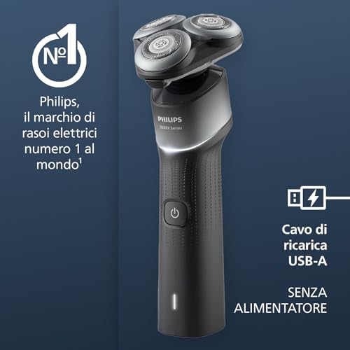 Philips Shaver 5000X Series Rasoio elettrico Wet and Dry con tecnologia Skin Protect, testina flessibile a 360°, 1 ora di ricarica/ricarica rapida di 5 minuti, cappuccio a P, Argento, modello X5004/00 - Immagine 3