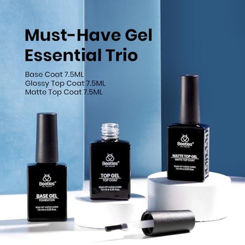 Image of Beetles Gel Top Coat, Matte Top and Base Coat Set, 3 Pcs 10ml Glossy Matte No Wipe Long Lasting Basic Combination Soak Off LED Nail Lamp Art DIY Design Gifts for Women