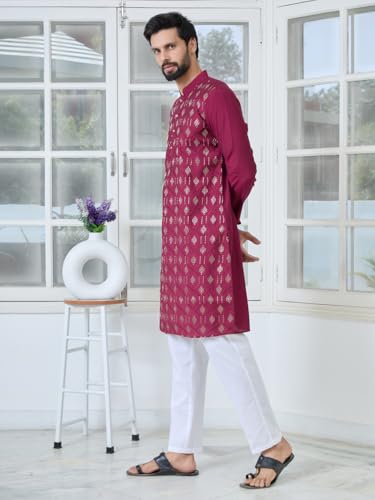 Image of See Designs Men's Full Sleeve Mandarin Collar Ethnic Motifs Embroidered Sequinned Mandarin Collar Straight Long Kurta with Pyjama - Festive Collection